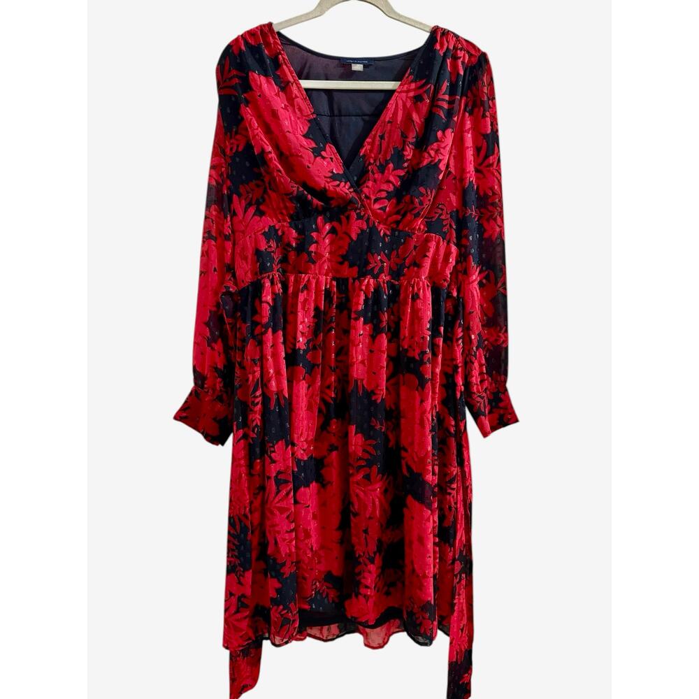 Tommy Hilfiger Women’s Size 12 Red Floral V-Neck Glitter Dot Self-Tie Midi Dress